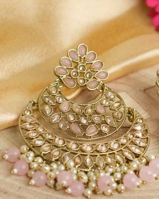 Chandbali Earrings with Antique Gold Plated Plating and Pink Stone Embellishments 3