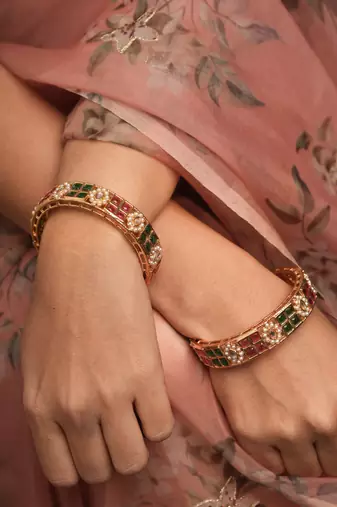 Red & Green Stone Studded Bangles Set
