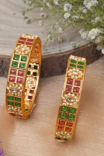 Red & Green Stone Studded Bangles Set