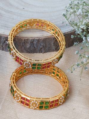 Red & Green Stone Studded Bangles Set 4
