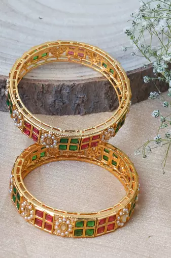 Red & Green Stone Studded Bangles Set
