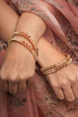 Red & Green Stone Studded Bangles Set with White Pearls 1