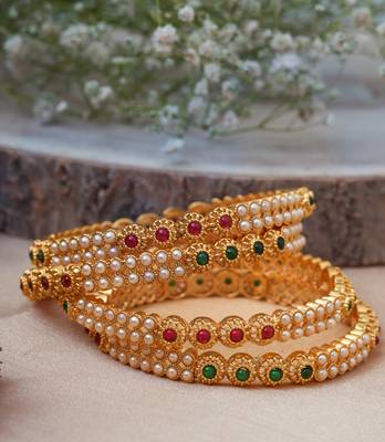 Red & Green Stone Studded Bangles Set with White Pearls 3