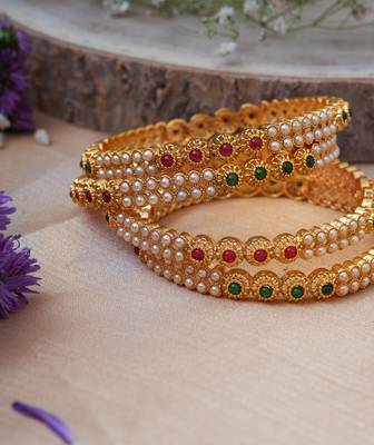 Red & Green Stone Studded Bangles Set with White Pearls 4