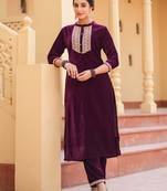 women purple zari work velvet straight kurta trouser set