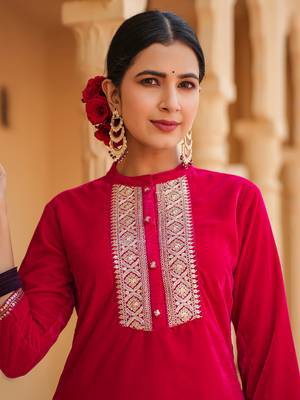  hot pink zari work velvet straight kurta trouser set 2