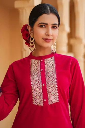  hot pink zari work velvet straight kurta trouser set