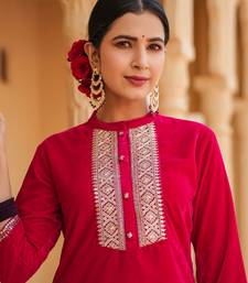 hot pink zari work velvet straight kurta trouser set