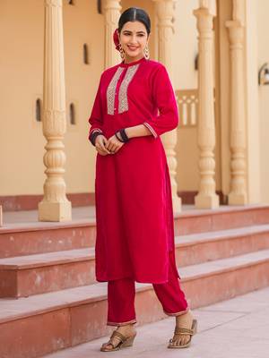  hot pink zari work velvet straight kurta trouser set 1