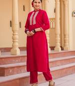  hot pink zari work velvet straight kurta trouser set