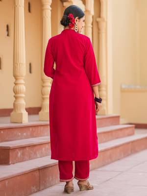  hot pink zari work velvet straight kurta trouser set 3