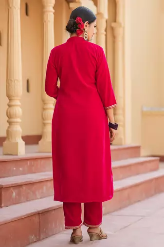  hot pink zari work velvet straight kurta trouser set