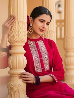  hot pink zari work velvet straight kurta trouser set 4