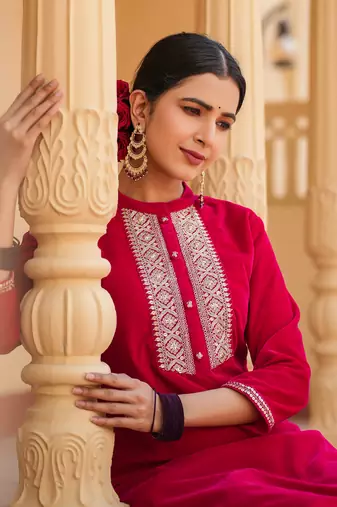  hot pink zari work velvet straight kurta trouser set