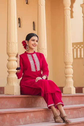  hot pink zari work velvet straight kurta trouser set