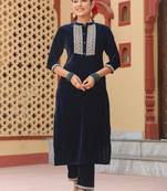 Yufta women navy blue zari work velvet straight kurta trouser set