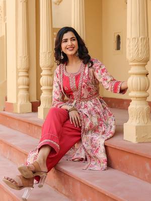  woman pink embroidered shrug crop top co ord set 5