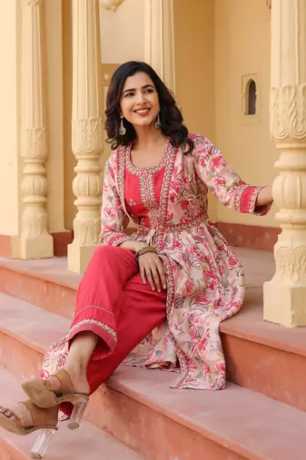  woman pink embroidered shrug crop top co ord set