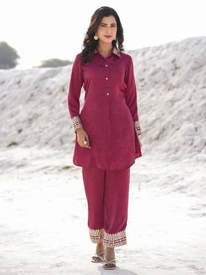 Yufta burgundy woven design co-ord set with gota detailing 2