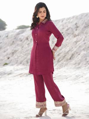 Yufta burgundy woven design co-ord set with gota detailing 1