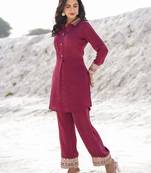 Yufta burgundy woven design co-ord set with gota detailing