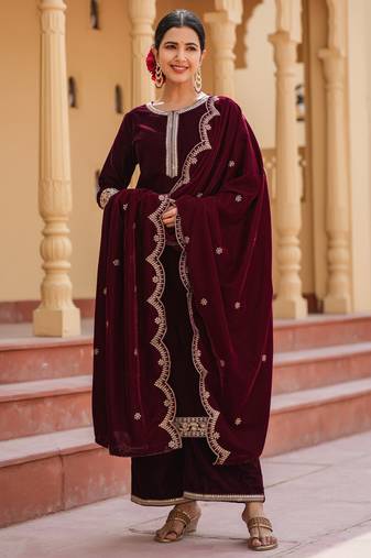 Yufta women dark maroon zari work velvet straight kurta palazzo dupatta set