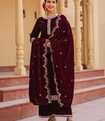 women dark maroon zari work velvet straight kurta palazzo dupatta set