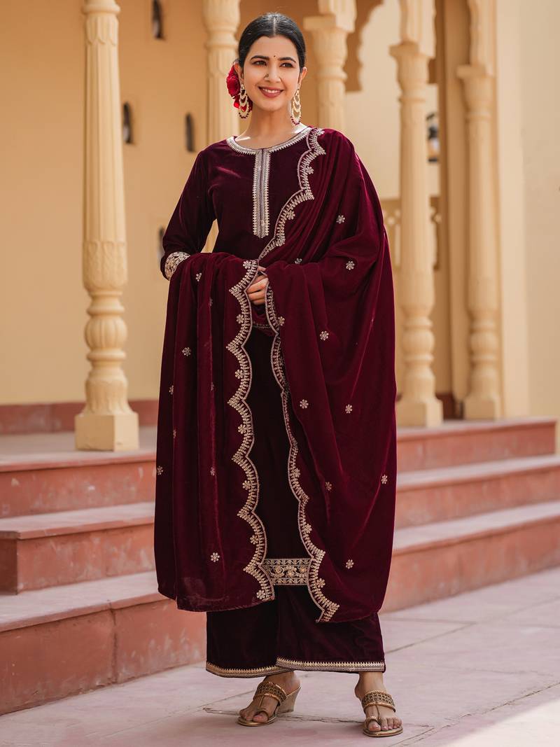 Yufta women dark maroon zari work velvet straight kurta palazzo dupatta set