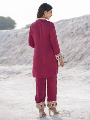 Yufta burgundy woven design co-ord set with gota detailing 3