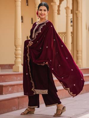 women dark maroon zari work velvet straight kurta palazzo dupatta set 2