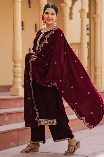 women dark maroon zari work velvet straight kurta palazzo dupatta set