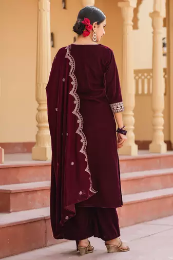 women dark maroon zari work velvet straight kurta palazzo dupatta set