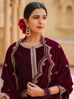 women dark maroon zari work velvet straight kurta palazzo dupatta set 4