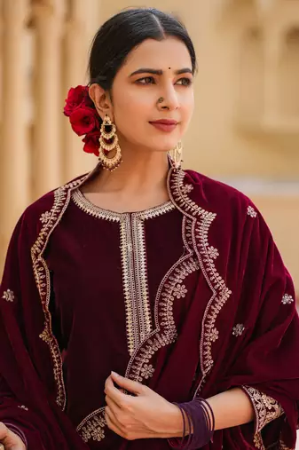 women dark maroon zari work velvet straight kurta palazzo dupatta set