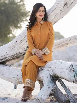  mustard woven design co-ord set with gota detailing 1