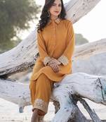  mustard woven design co-ord set with gota detailing