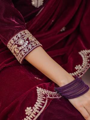 women dark maroon zari work velvet straight kurta palazzo dupatta set 5