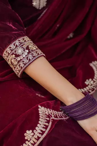women dark maroon zari work velvet straight kurta palazzo dupatta set