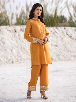  mustard woven design co-ord set with gota detailing 2