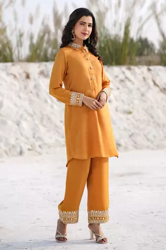  mustard woven design co-ord set with gota detailing