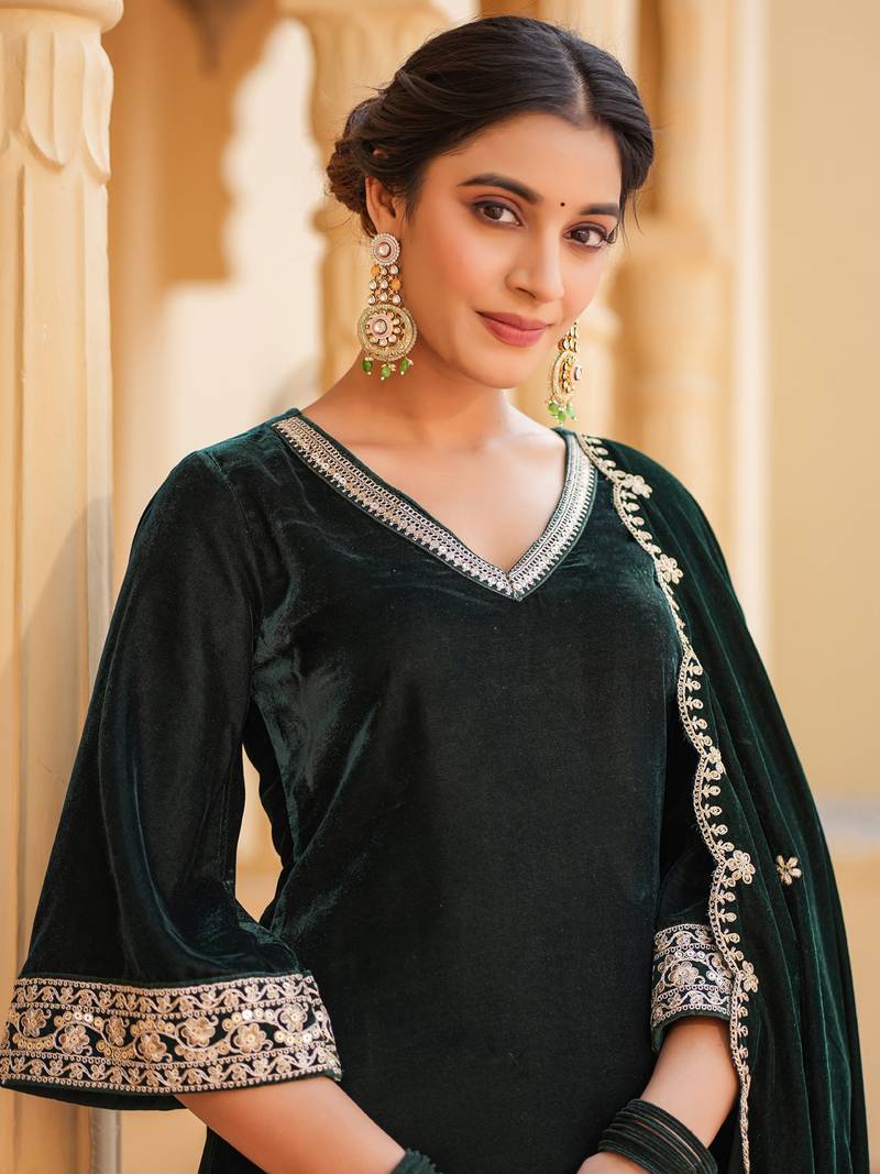 Yufta women green zari work velvet straight kurta palazzo dupatta