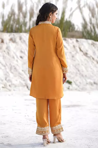  mustard woven design co-ord set with gota detailing