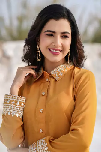  mustard woven design co-ord set with gota detailing