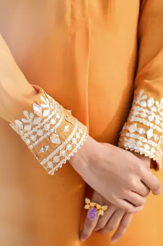  mustard woven design co-ord set with gota detailing