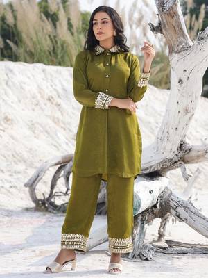  olive green woven design co-ord set with gota detailing 1