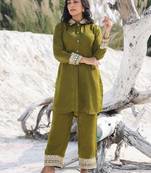  olive green woven design co-ord set with gota detailing