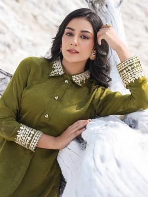 olive green woven design co-ord set with gota detailing 4