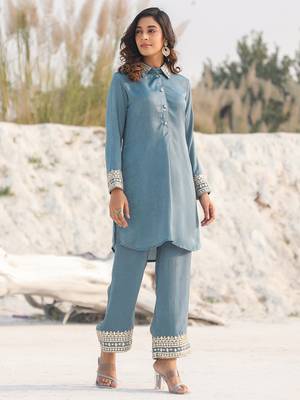 Yufta teal green woven design co-ord set with gota detailing 1