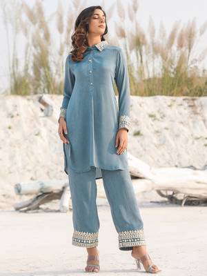 Yufta teal green woven design co-ord set with gota detailing 2
