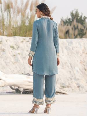 Yufta teal green woven design co-ord set with gota detailing 3